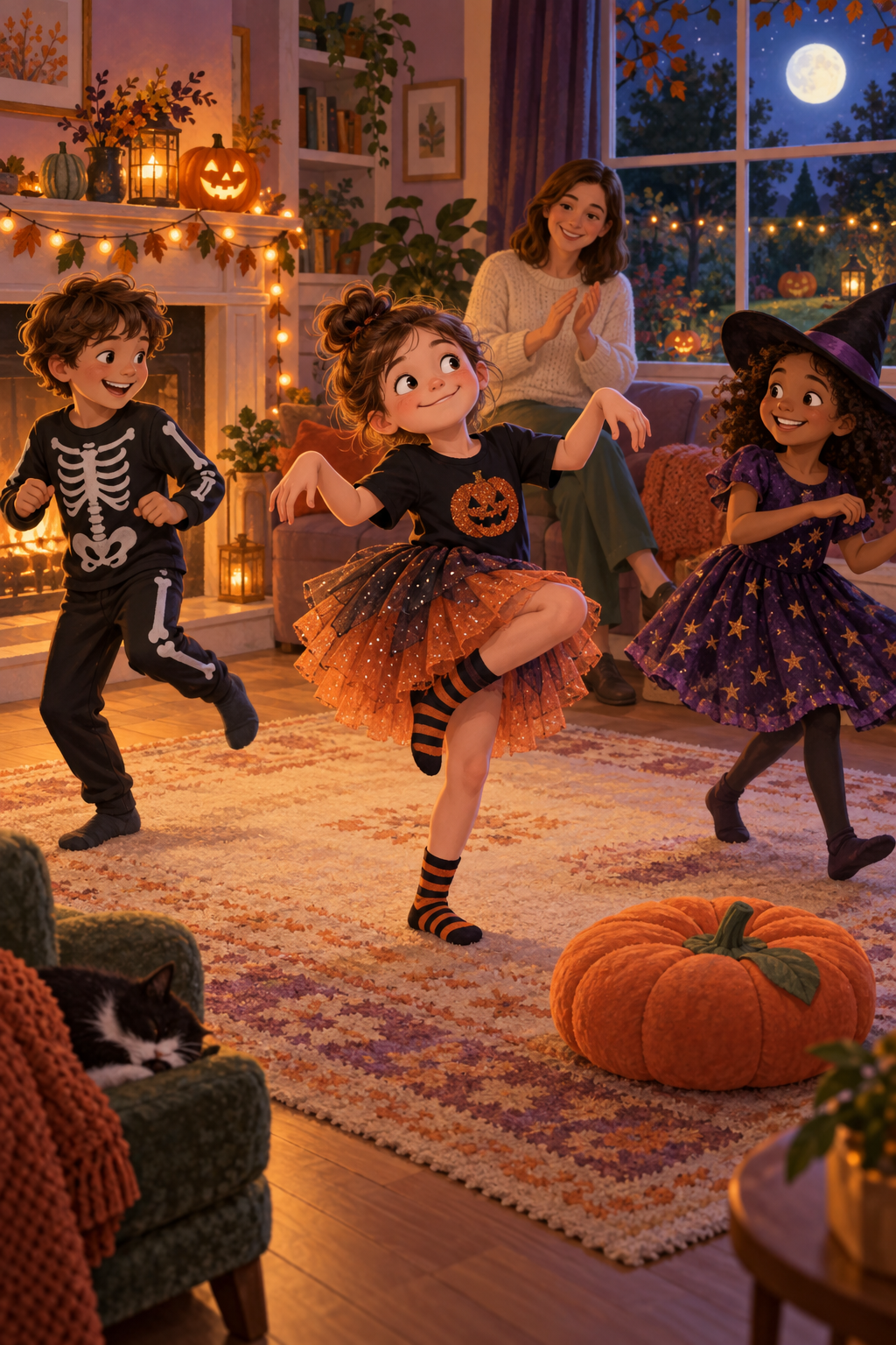 Children playing a gentle Halloween freeze-dance game at home with an adult nearby