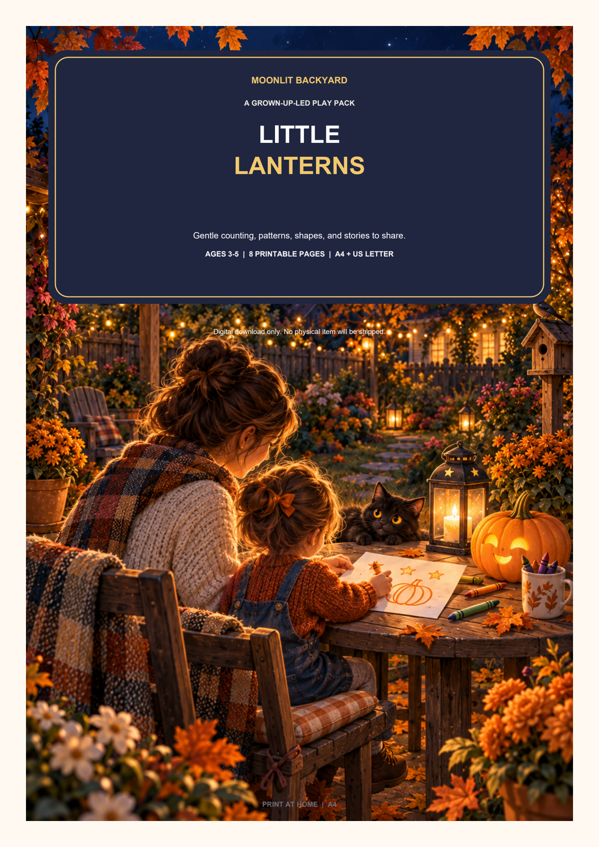 Little Lanterns cover, showing a family drawing together in a cosy Halloween garden