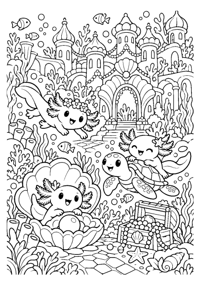 Preview of axolotl coral palace colouring page