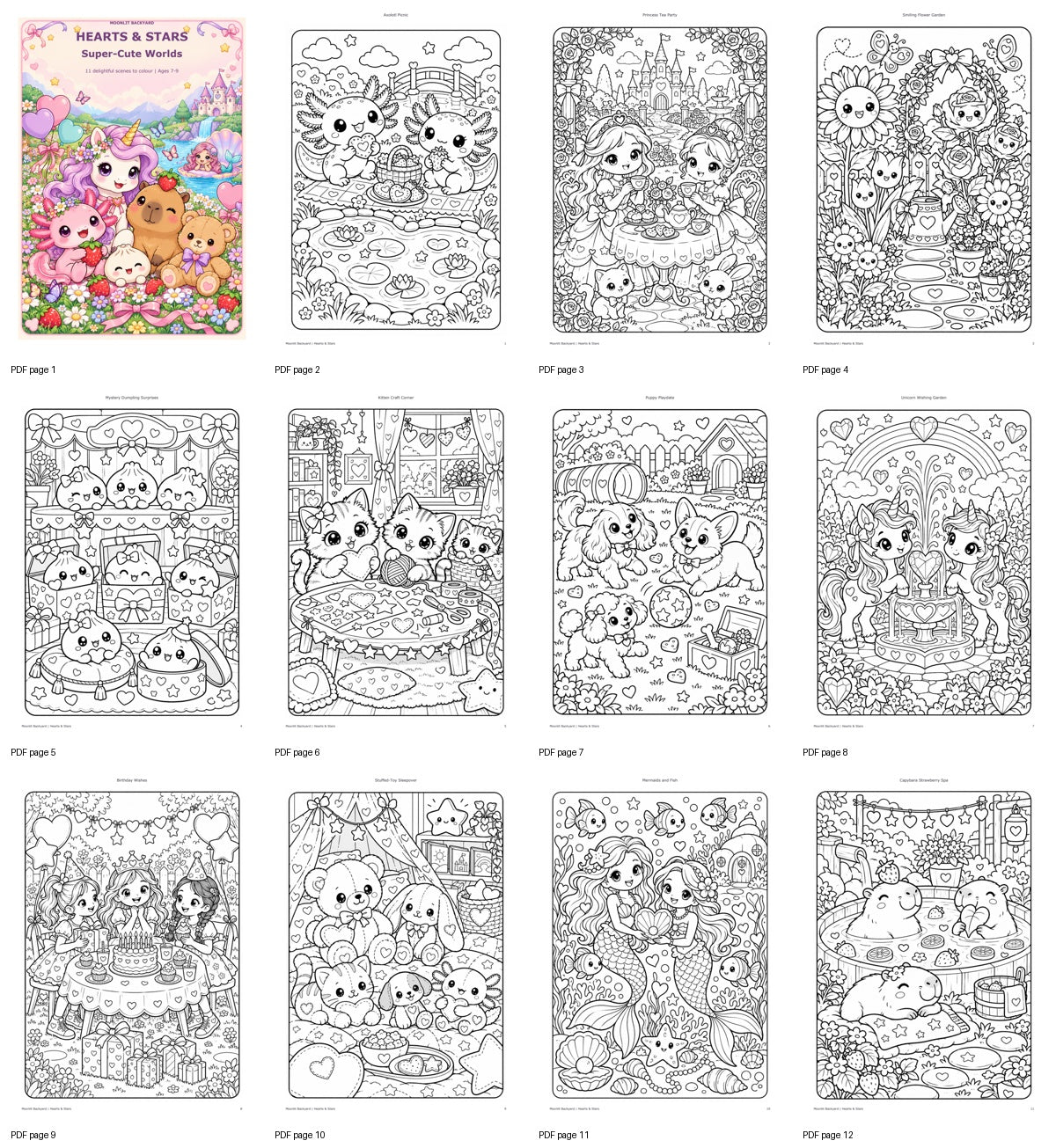 See inside Hearts & Stars: colourful cover and all 11 unique colouring scenes, including axolotls, princesses, mystery dumplings, unicorns, mermaids and capybaras.