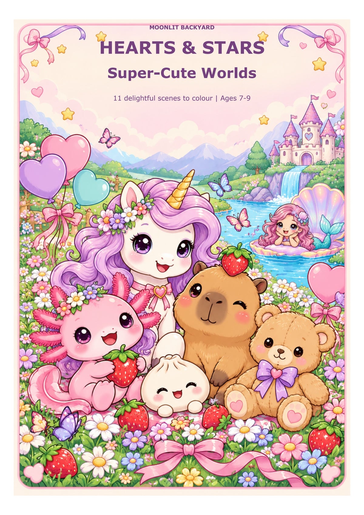 Hearts & Stars Super-Cute Worlds colouring book cover with axolotl, unicorn, capybara, dumpling and teddy