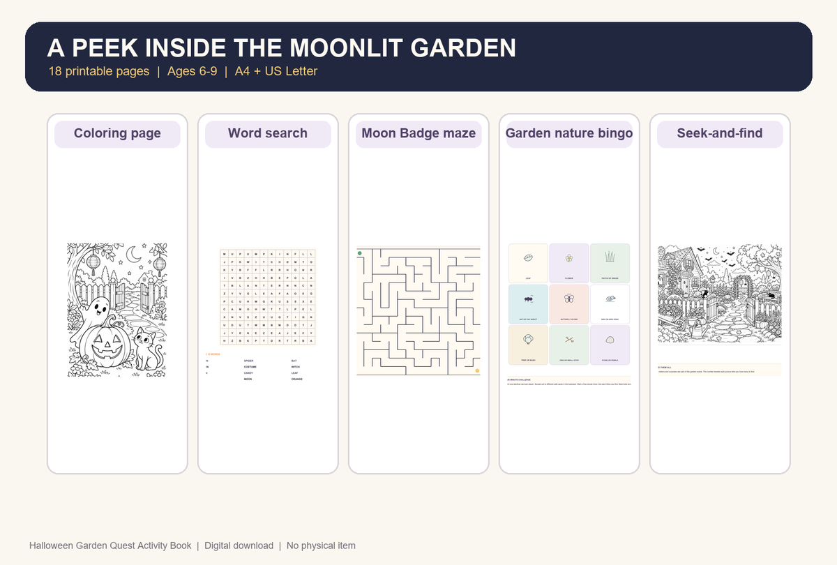 Preview of the 18-page Halloween Garden Quest activity book, with a colouring page, word search, maze, backyard nature bingo and seek-and-find for ages 6–9.