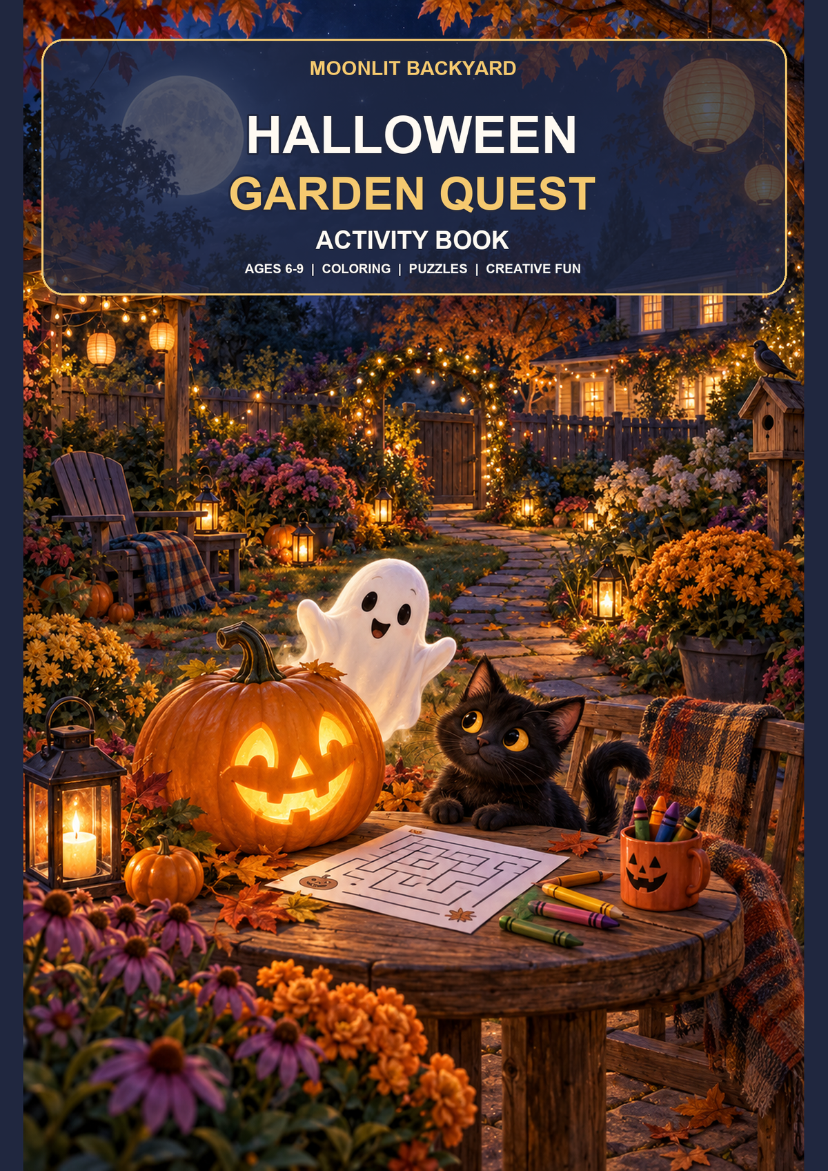 Illustrated Halloween Garden Quest activity book cover with a moonlit lantern garden, friendly ghost, pumpkin, black cat and activity table; for ages 6-9