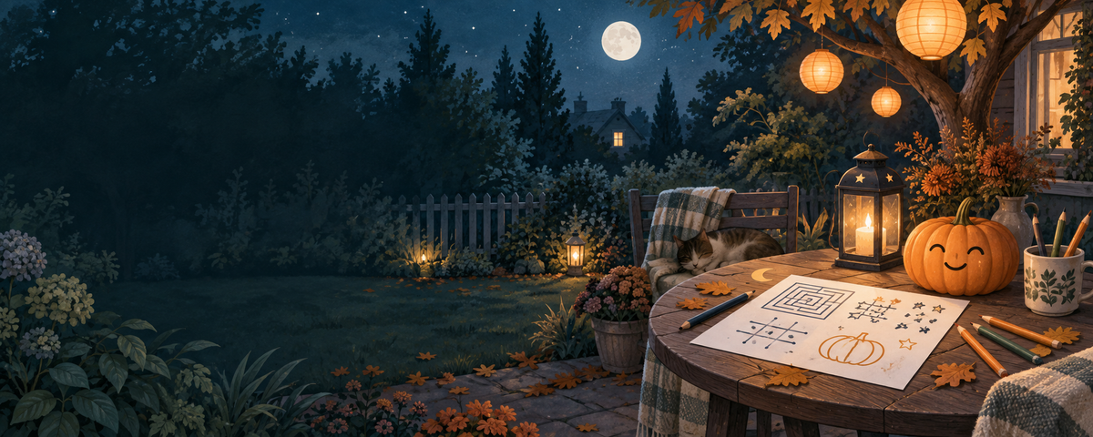 Moonlit backyard table with printable Halloween games, pencils, glowing lanterns and a smiling pumpkin beneath the moon.