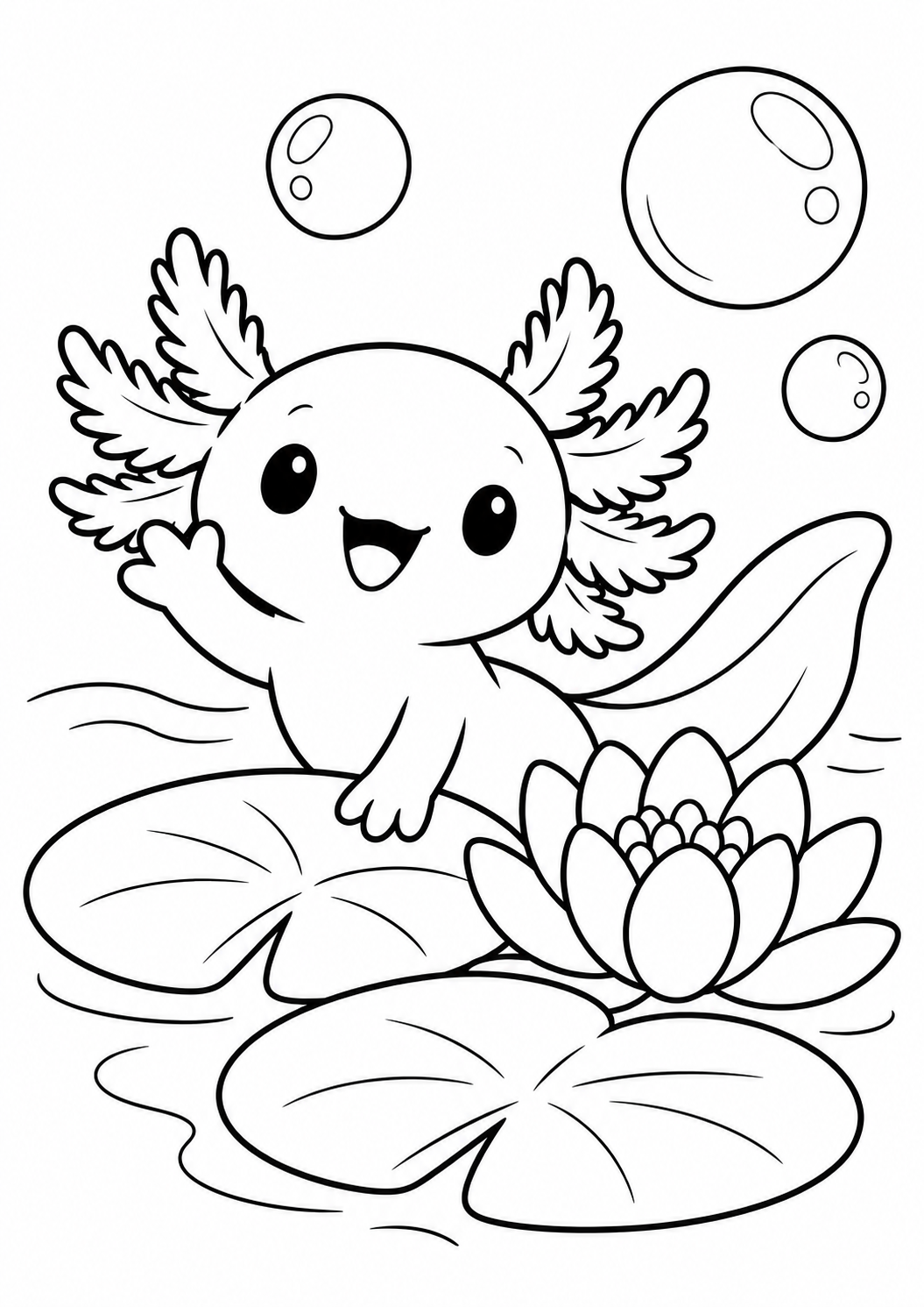 Sample colouring page: friendly axolotl among large lily pads and bubbles