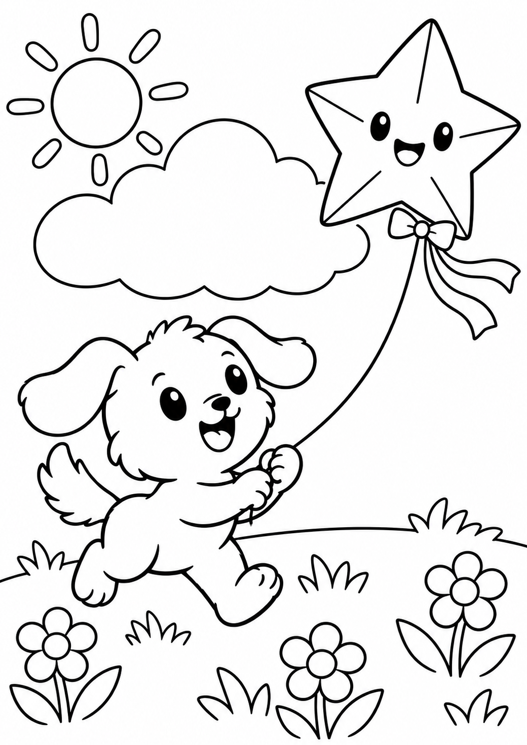 Sample colouring page: puppy flying a large star kite