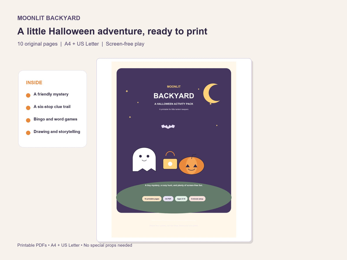 Moonlit Backyard Halloween activity pack cover showing a moonlit garden, Halloween friends, ages 5–10, and 10 printable pages in A4 and US Letter.