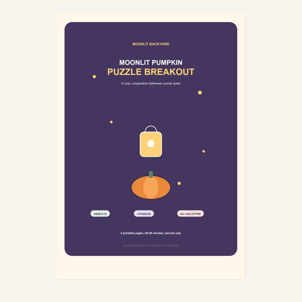 Cover of Pumpkin Puzzle Breakout, a printable Halloween logic and number puzzle pack for children around ages 8–12.