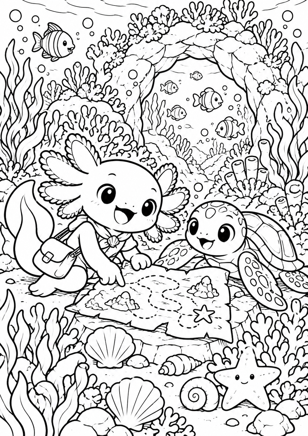 Sample colouring page: axolotl treasure reef