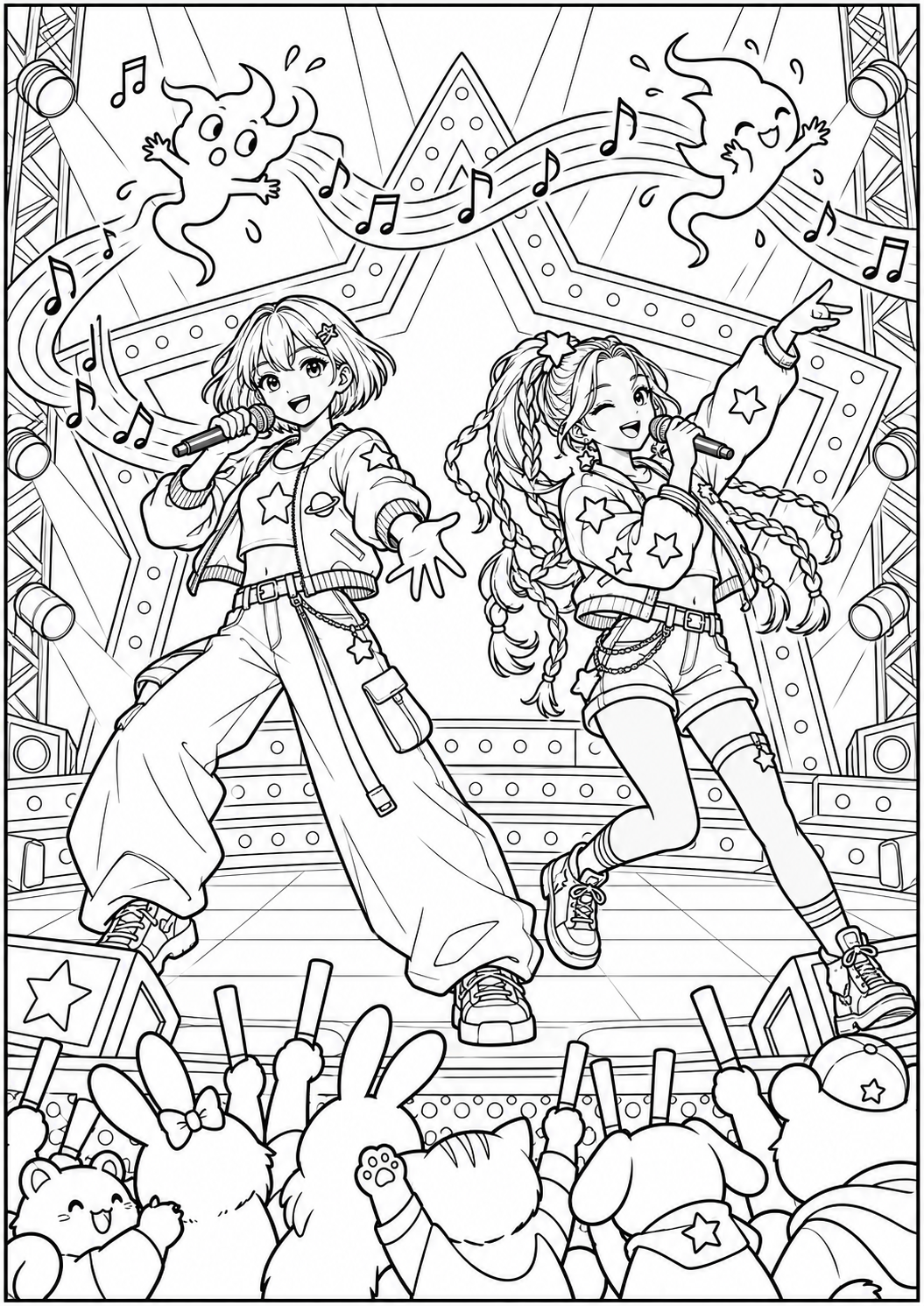 Sample colouring page: two original fantasy-pop heroes on a music stage