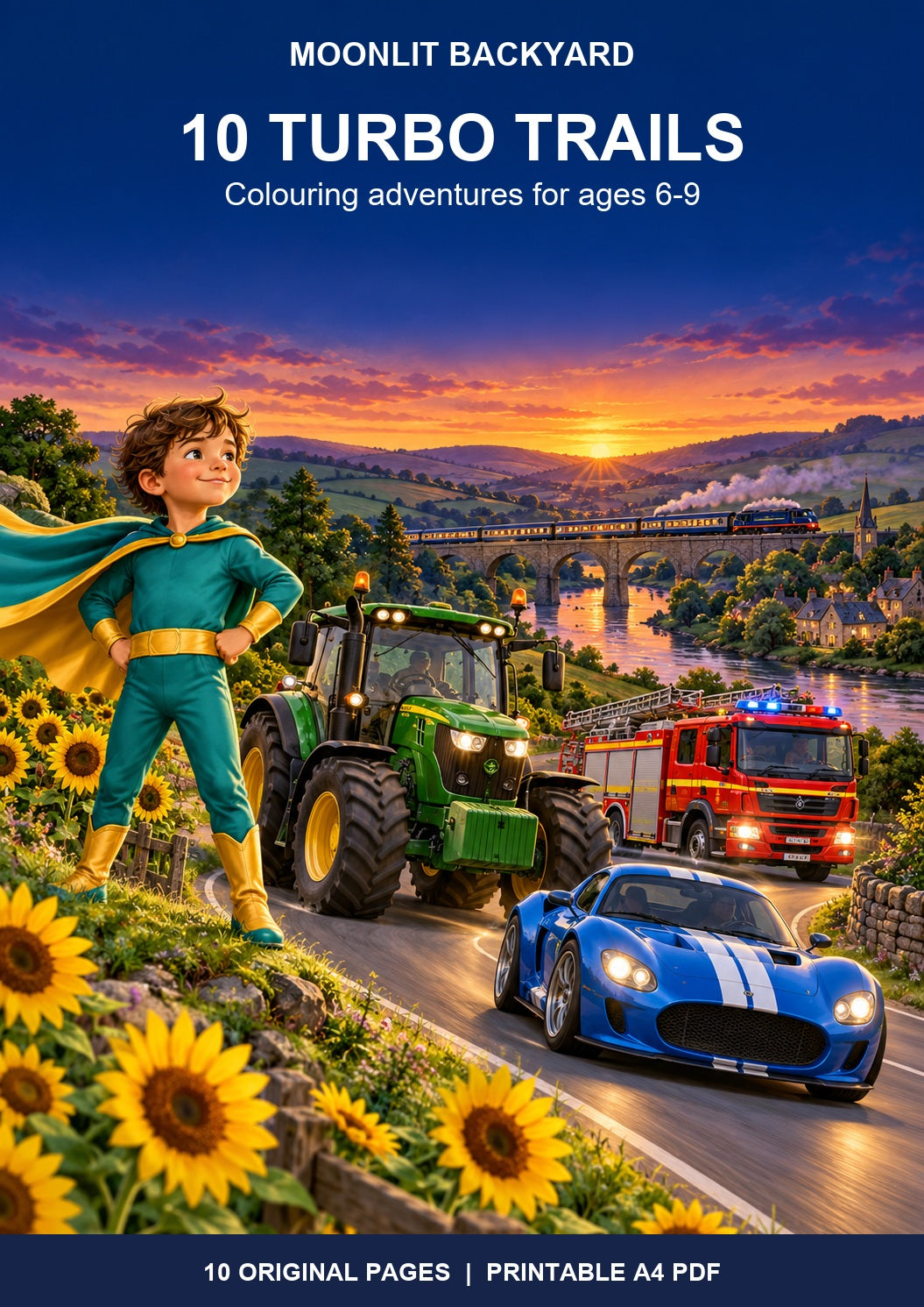10 Turbo Trails | Printable Vehicle & Hero Colouring Book for Ages 6–9